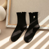 Japanese women's tube socks fungus-side flower embroidery socks vertical stripes pile socks