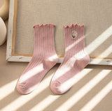 Japanese women's tube socks fungus-side flower embroidery socks vertical stripes pile socks