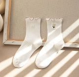 Japanese women's tube socks fungus-side flower embroidery socks vertical stripes pile socks