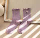 Japanese women's tube socks fungus-side flower embroidery socks vertical stripes pile socks