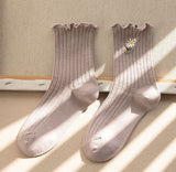 Japanese women's tube socks fungus-side flower embroidery socks vertical stripes pile socks