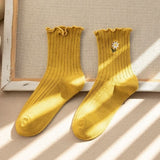 Japanese women's tube socks fungus-side flower embroidery socks vertical stripes pile socks