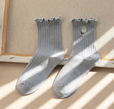 Japanese women's tube socks fungus-side flower embroidery socks vertical stripes pile socks